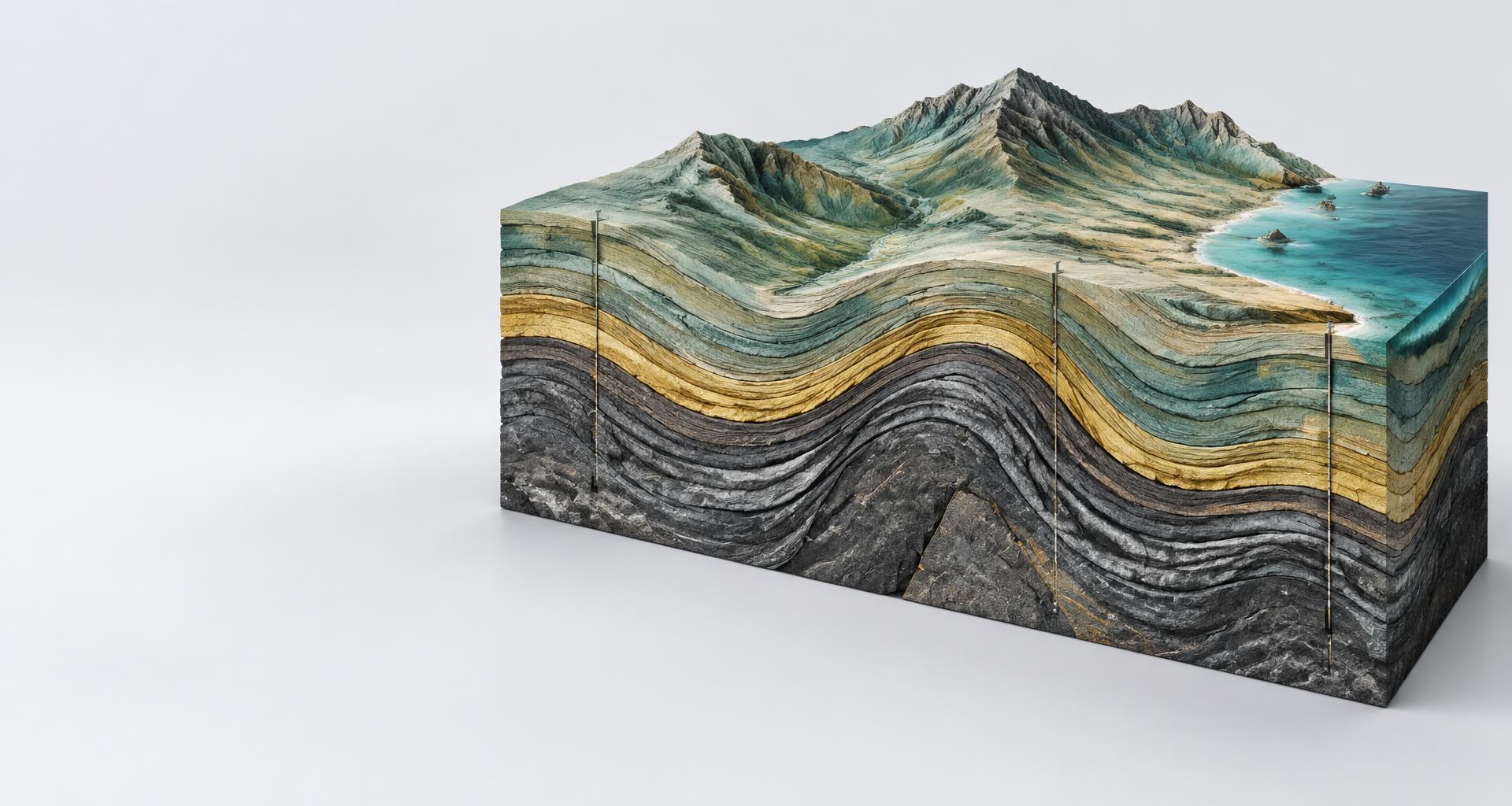 Folded geological strata, borehole paths and coastal terrain in a three-dimensional geological model